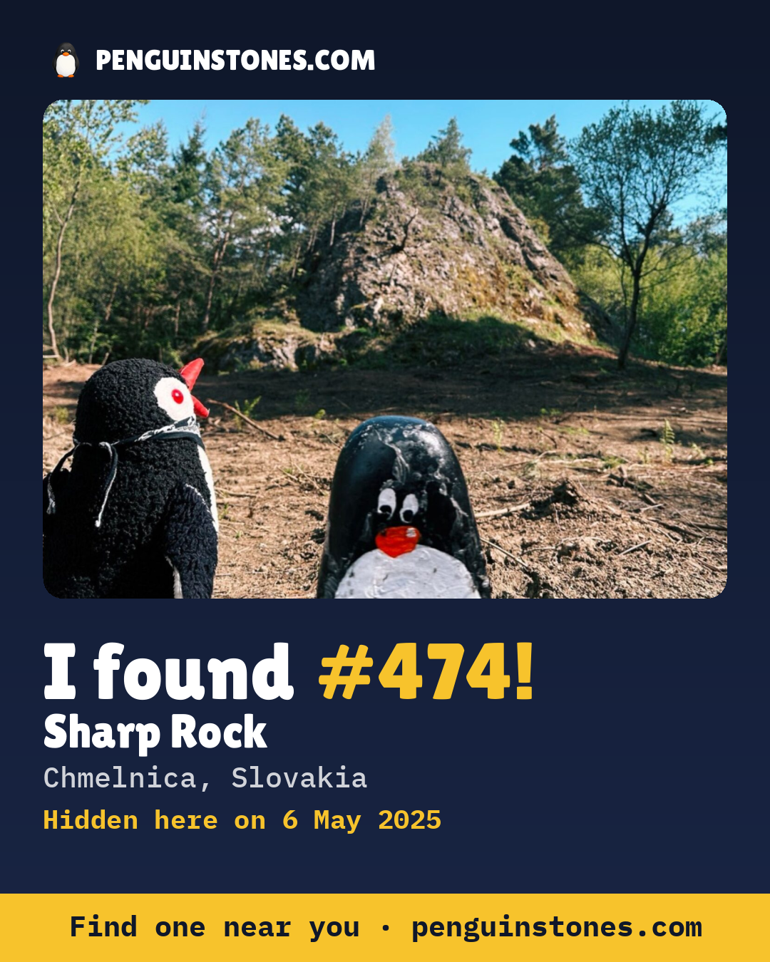 Obrázok s nápisom „I found #474“: fotka kameňa, kde je a ako ďaleko docestoval