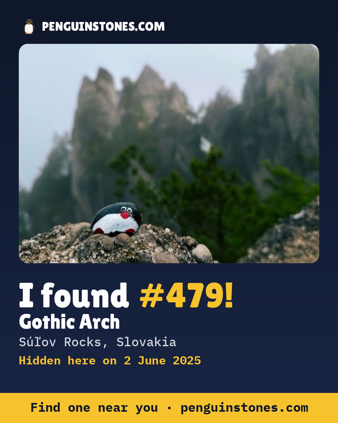 Obrázok s nápisom „I found #479“: fotka kameňa, kde je a ako ďaleko docestoval
