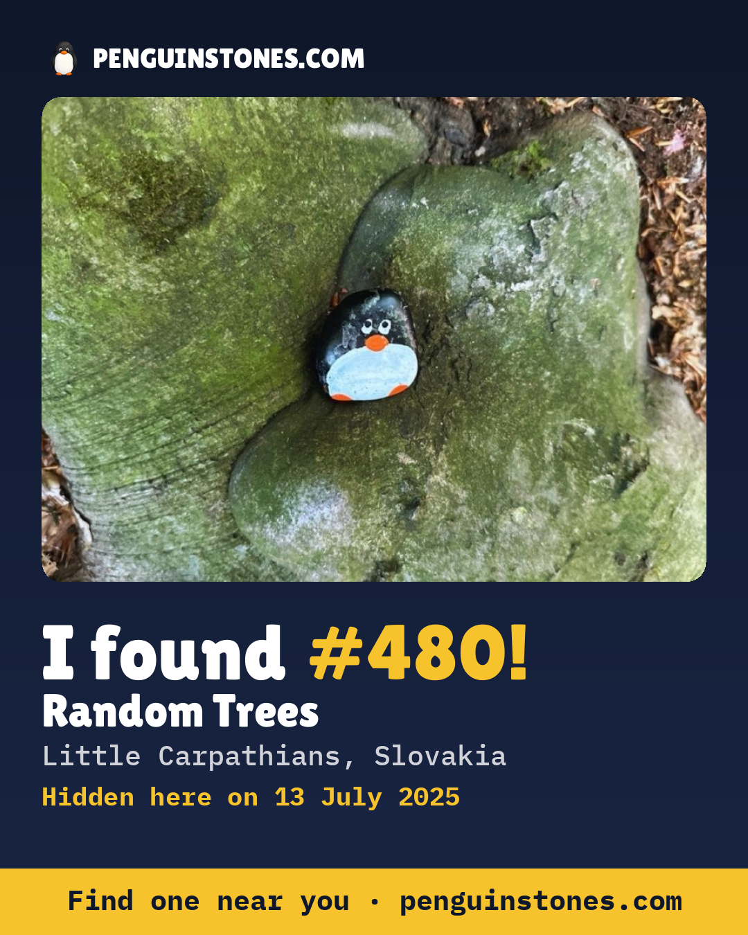 Obrázok s nápisom „I found #480“: fotka kameňa, kde je a ako ďaleko docestoval