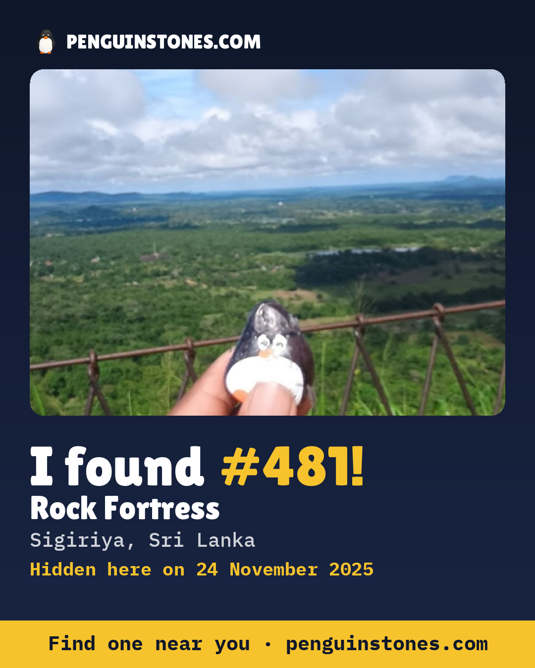 Obrázok s nápisom „I found #481“: fotka kameňa, kde je a ako ďaleko docestoval