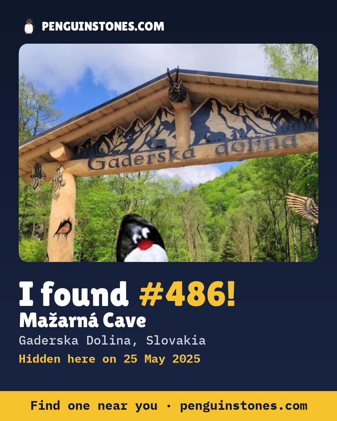 Obrázok s nápisom „I found #486“: fotka kameňa, kde je a ako ďaleko docestoval