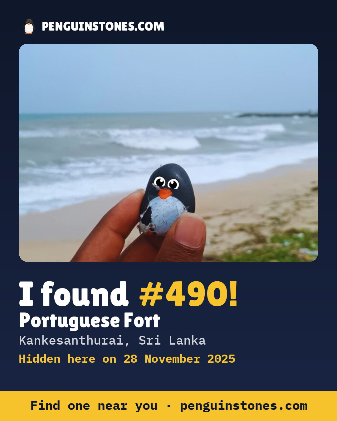 Obrázok s nápisom „I found #490“: fotka kameňa, kde je a ako ďaleko docestoval