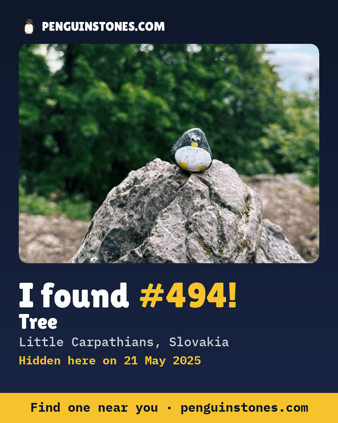 Obrázok s nápisom „I found #494“: fotka kameňa, kde je a ako ďaleko docestoval
