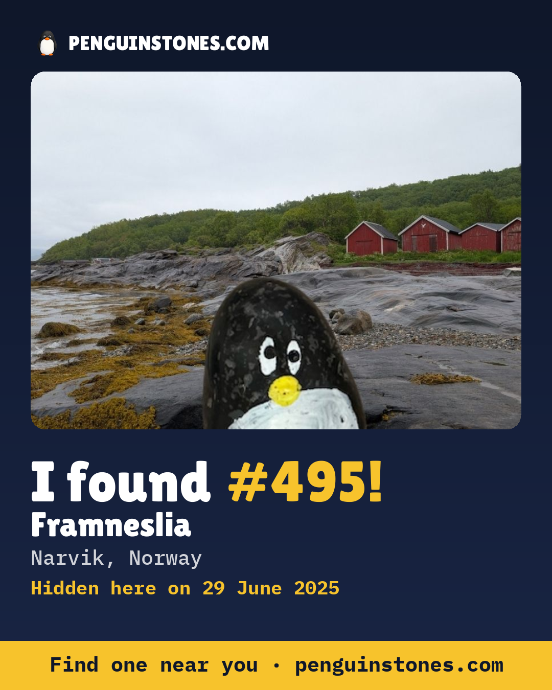 Obrázok s nápisom „I found #495“: fotka kameňa, kde je a ako ďaleko docestoval