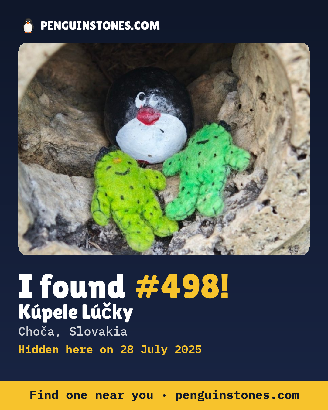 Obrázok s nápisom „I found #498“: fotka kameňa, kde je a ako ďaleko docestoval