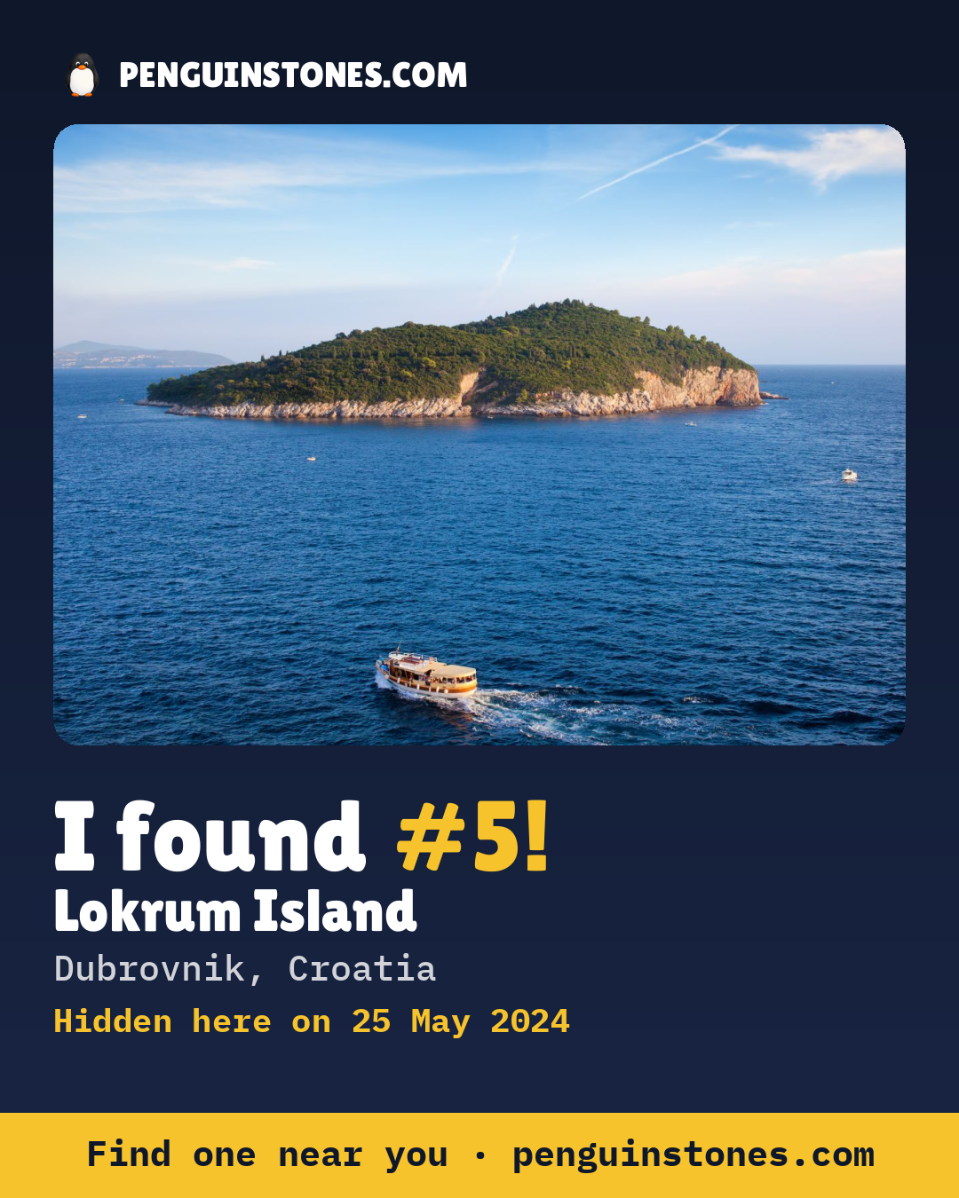 Obrázok s nápisom „I found #5“: fotka kameňa, kde je a ako ďaleko docestoval