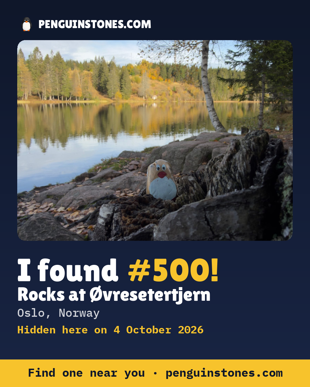 An “I found #500” picture: the stone’s photo, where it is and how far it has travelled