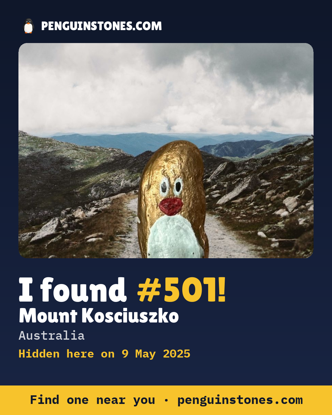 Obrázok s nápisom „I found #501“: fotka kameňa, kde je a ako ďaleko docestoval