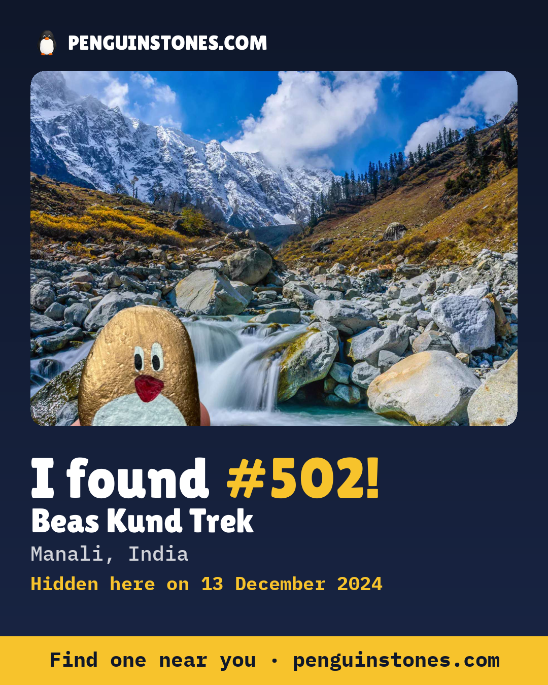 Obrázok s nápisom „I found #502“: fotka kameňa, kde je a ako ďaleko docestoval