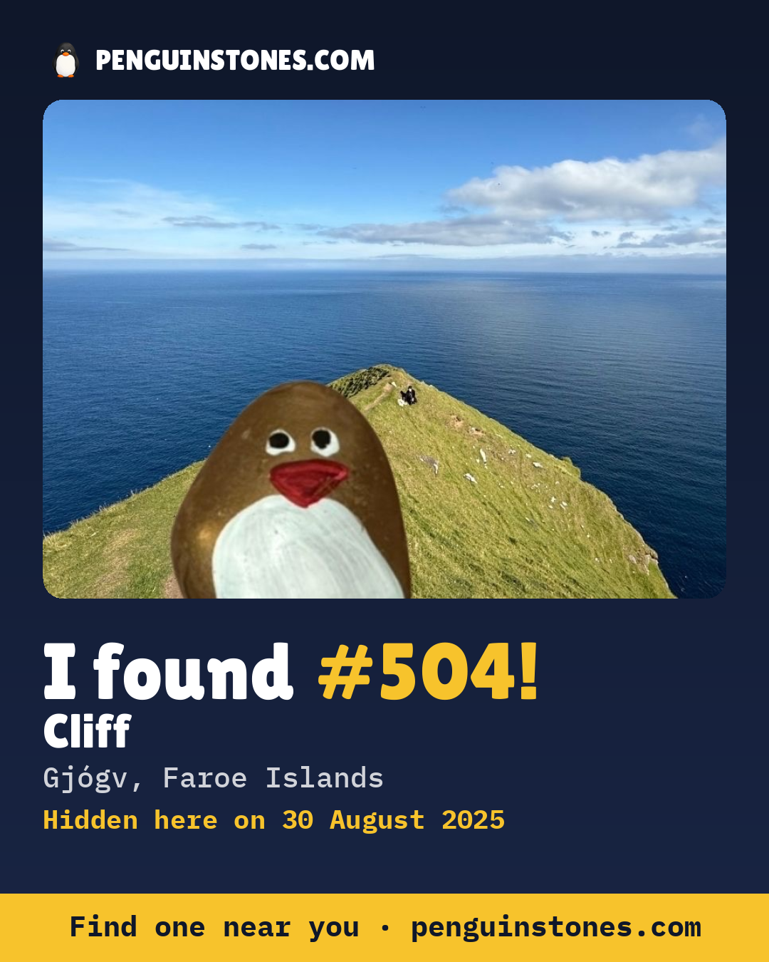 Obrázok s nápisom „I found #504“: fotka kameňa, kde je a ako ďaleko docestoval