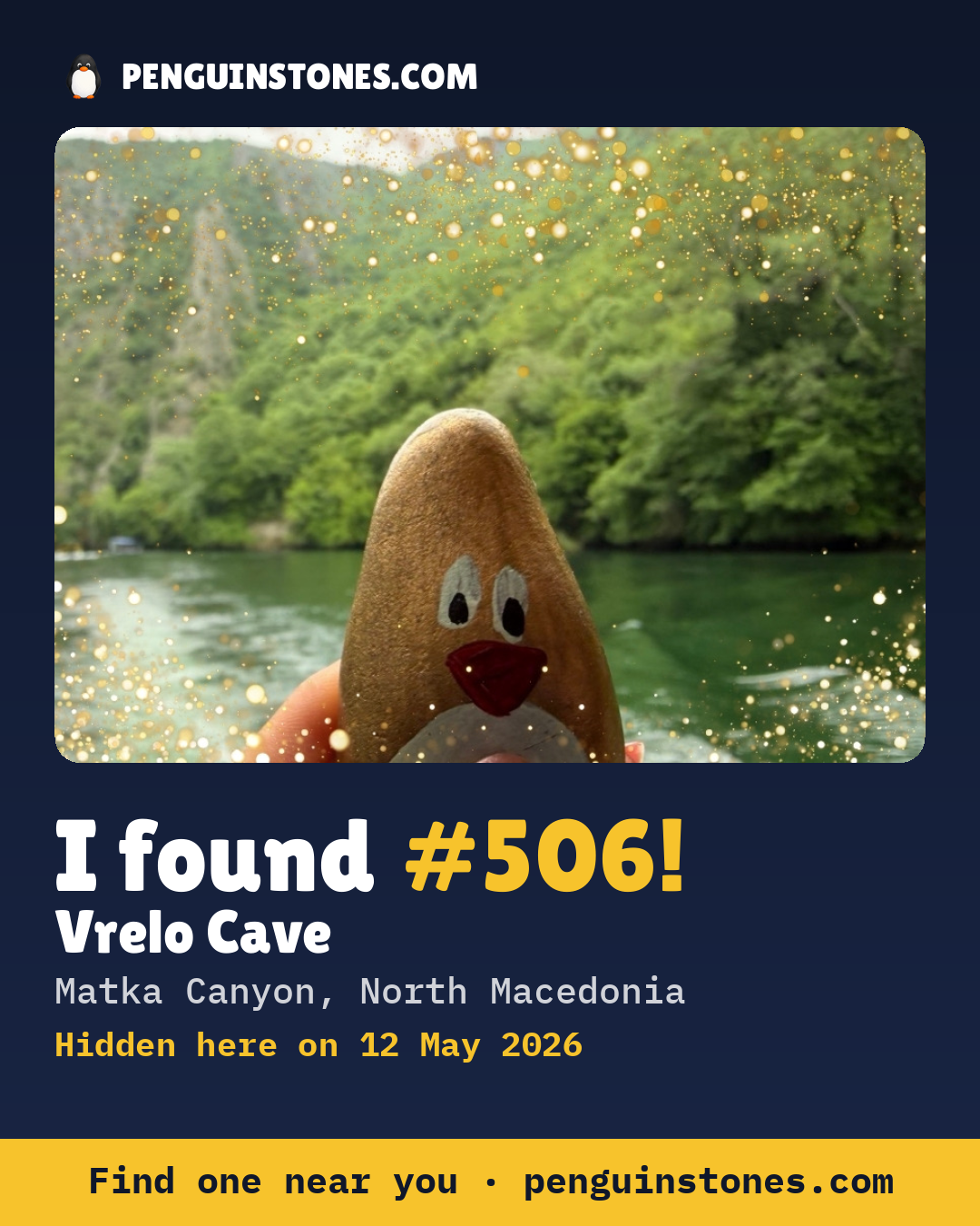 Obrázok s nápisom „I found #506“: fotka kameňa, kde je a ako ďaleko docestoval