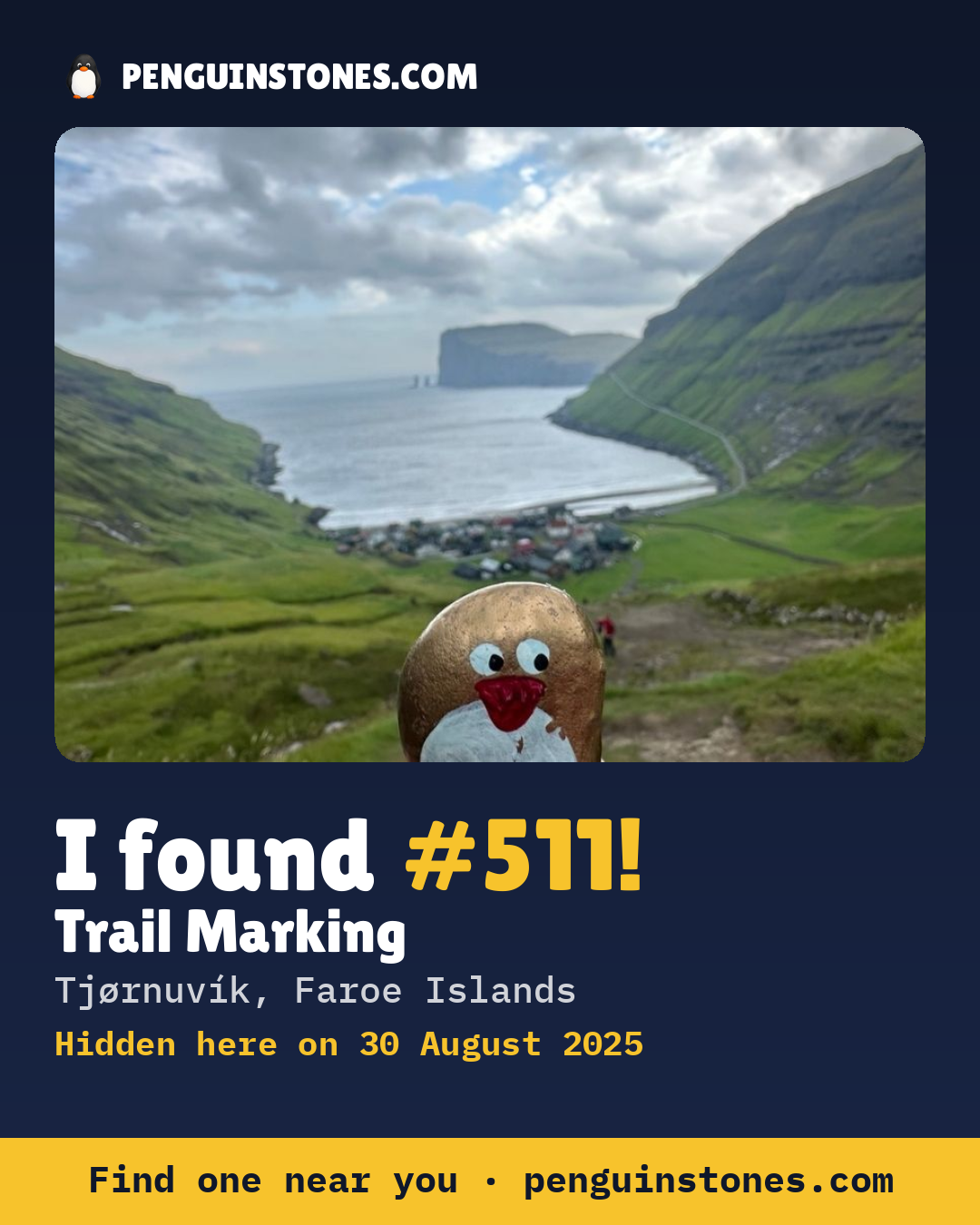 Obrázok s nápisom „I found #511“: fotka kameňa, kde je a ako ďaleko docestoval