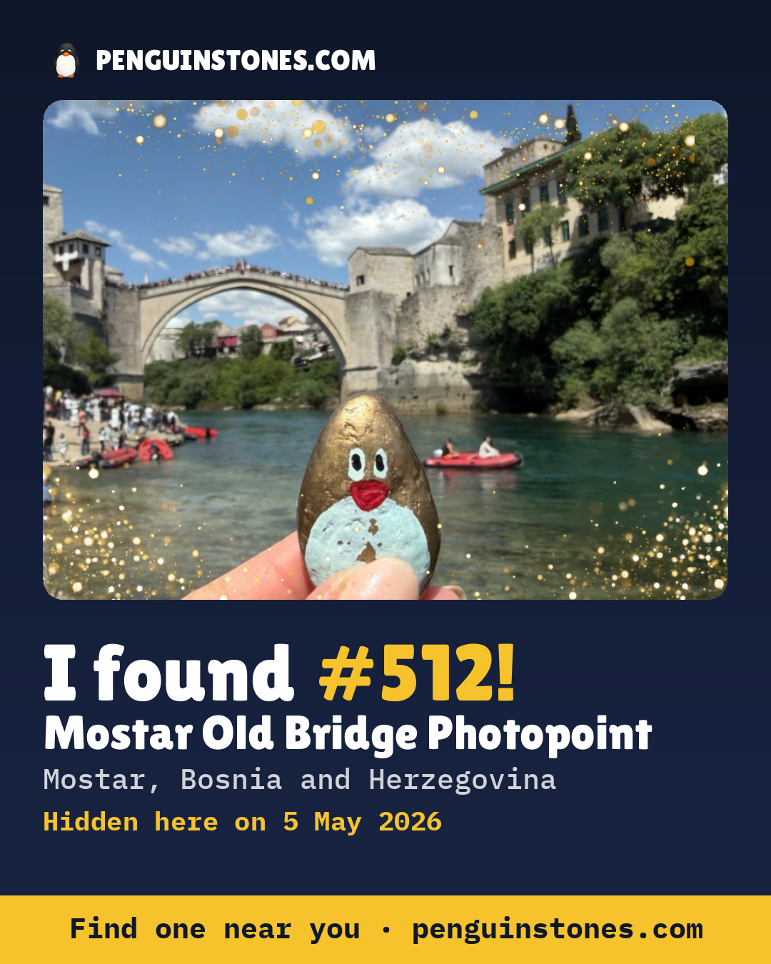 Obrázok s nápisom „I found #512“: fotka kameňa, kde je a ako ďaleko docestoval
