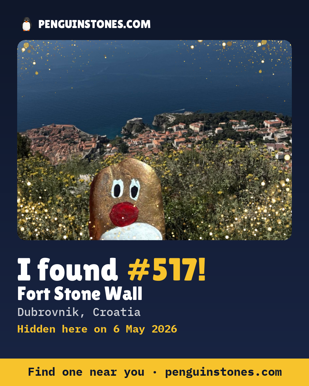 Obrázok s nápisom „I found #517“: fotka kameňa, kde je a ako ďaleko docestoval