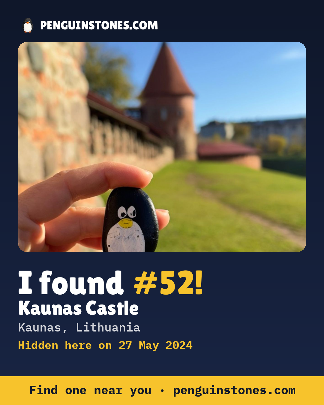 Obrázok s nápisom „I found #52“: fotka kameňa, kde je a ako ďaleko docestoval