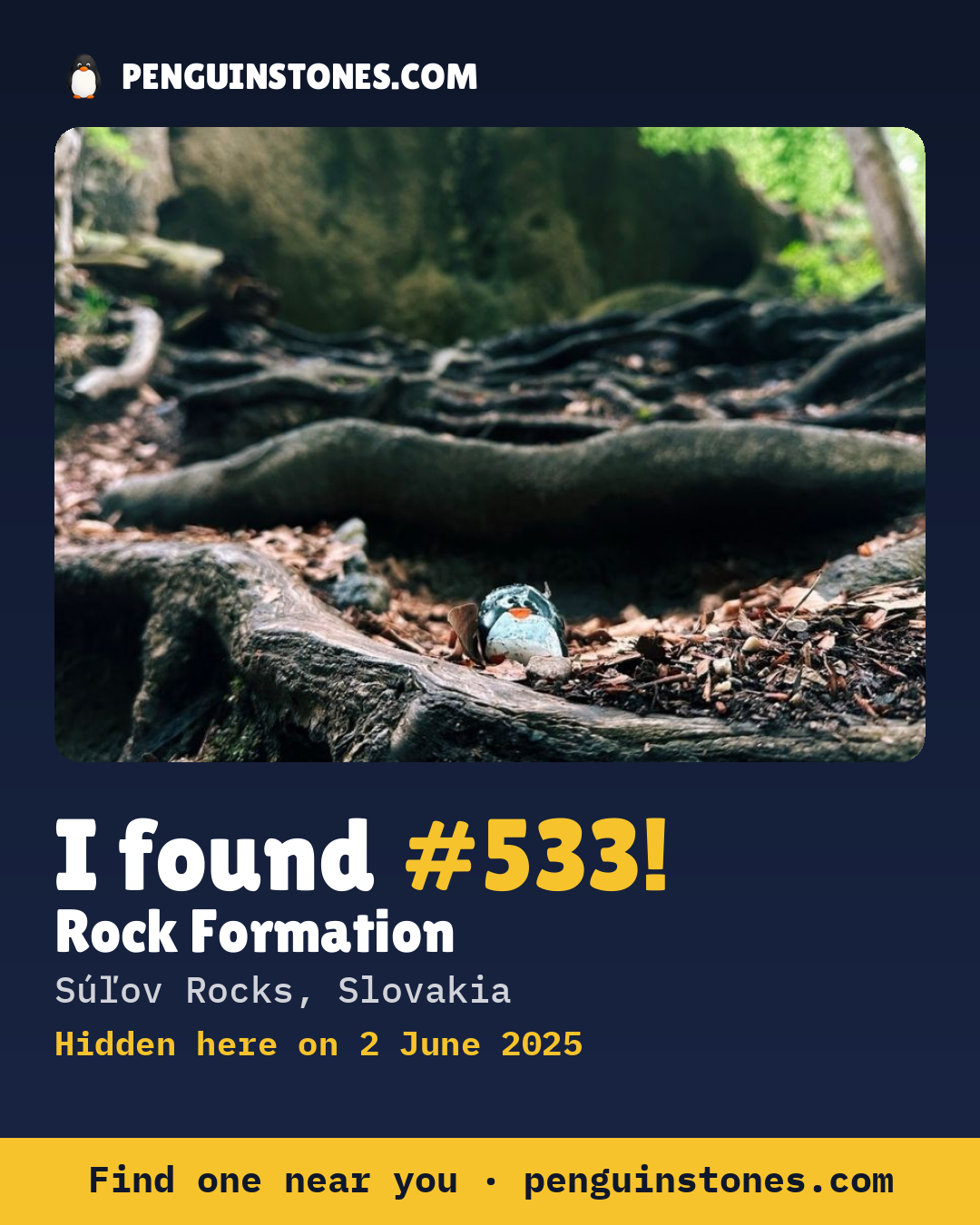 Obrázok s nápisom „I found #533“: fotka kameňa, kde je a ako ďaleko docestoval