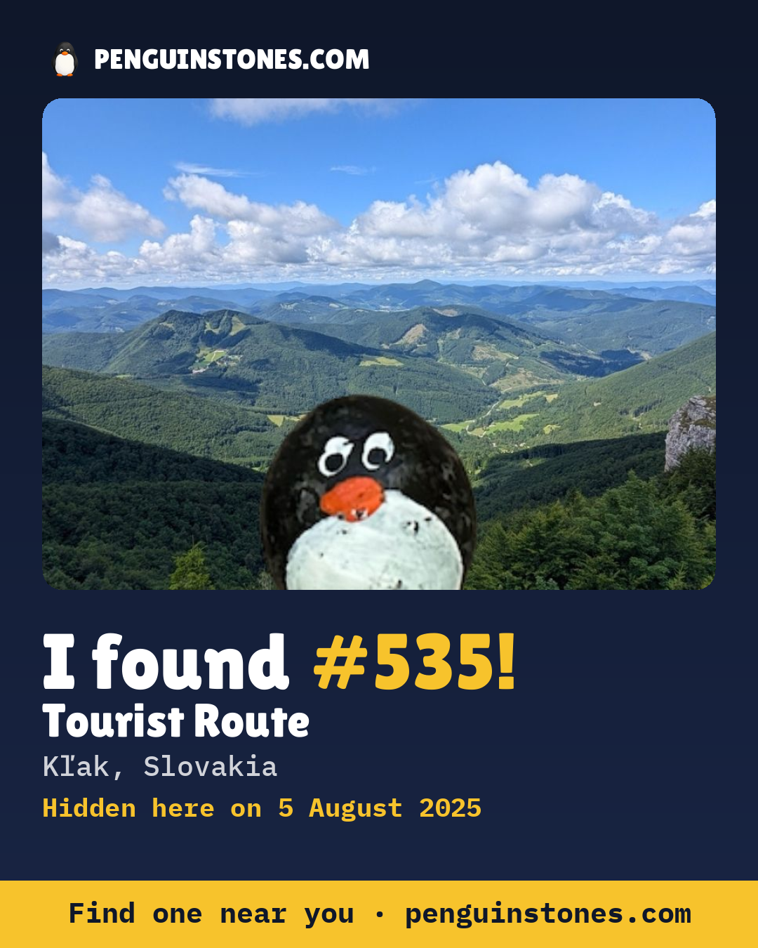 Obrázok s nápisom „I found #535“: fotka kameňa, kde je a ako ďaleko docestoval