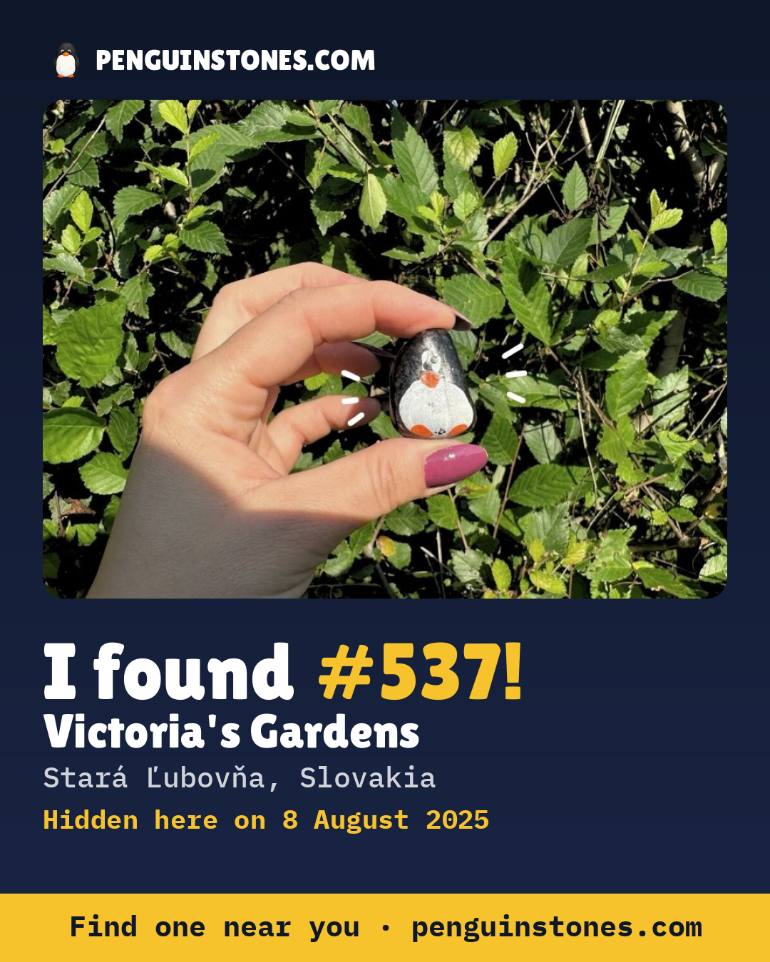 Obrázok s nápisom „I found #537“: fotka kameňa, kde je a ako ďaleko docestoval