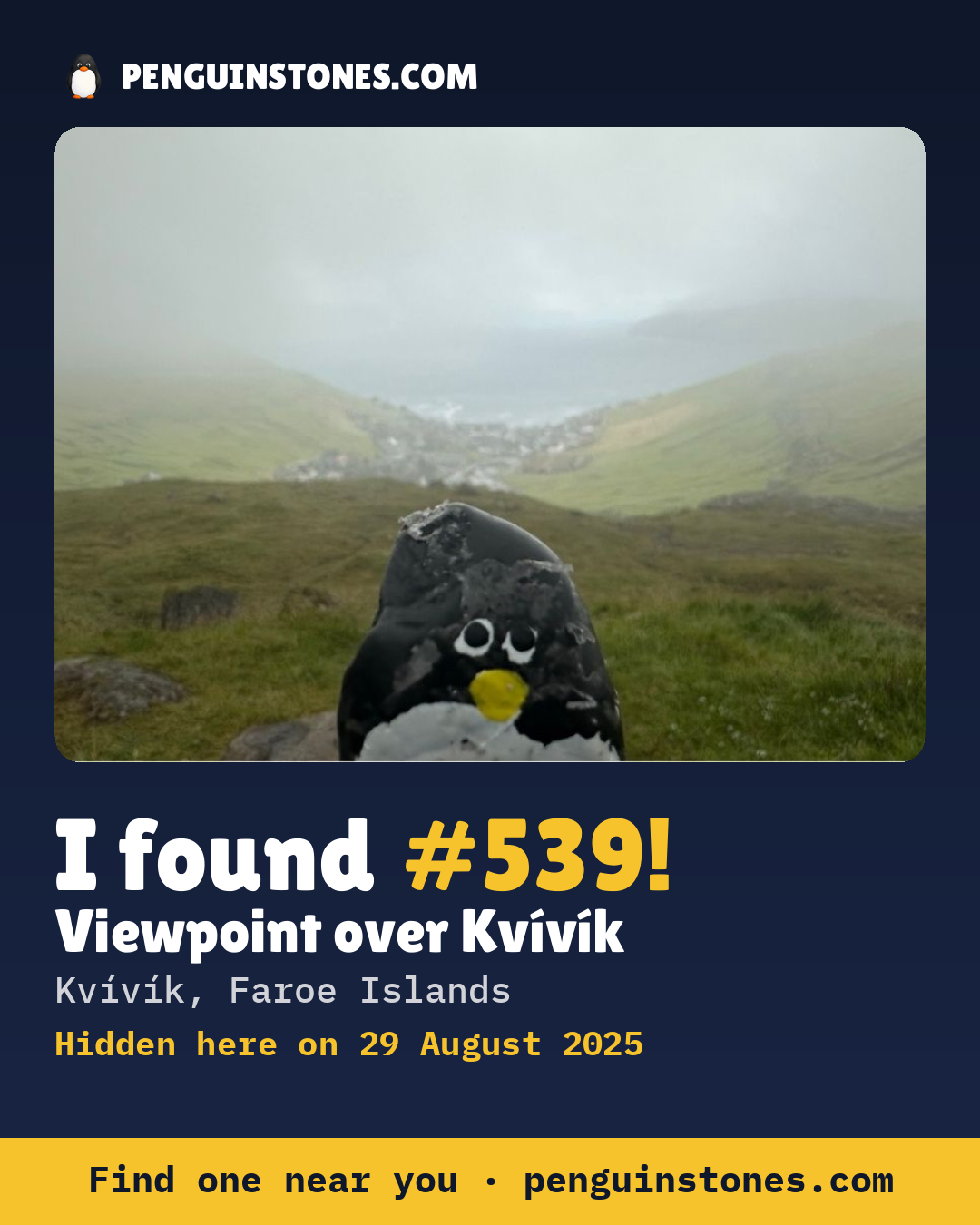 Obrázok s nápisom „I found #539“: fotka kameňa, kde je a ako ďaleko docestoval