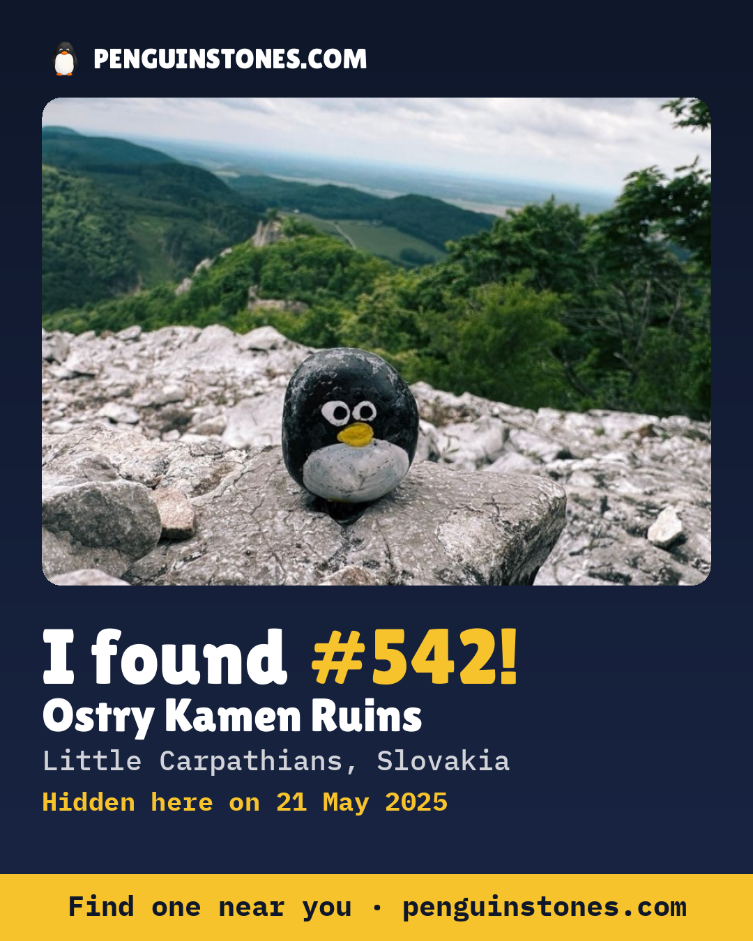 Obrázok s nápisom „I found #542“: fotka kameňa, kde je a ako ďaleko docestoval