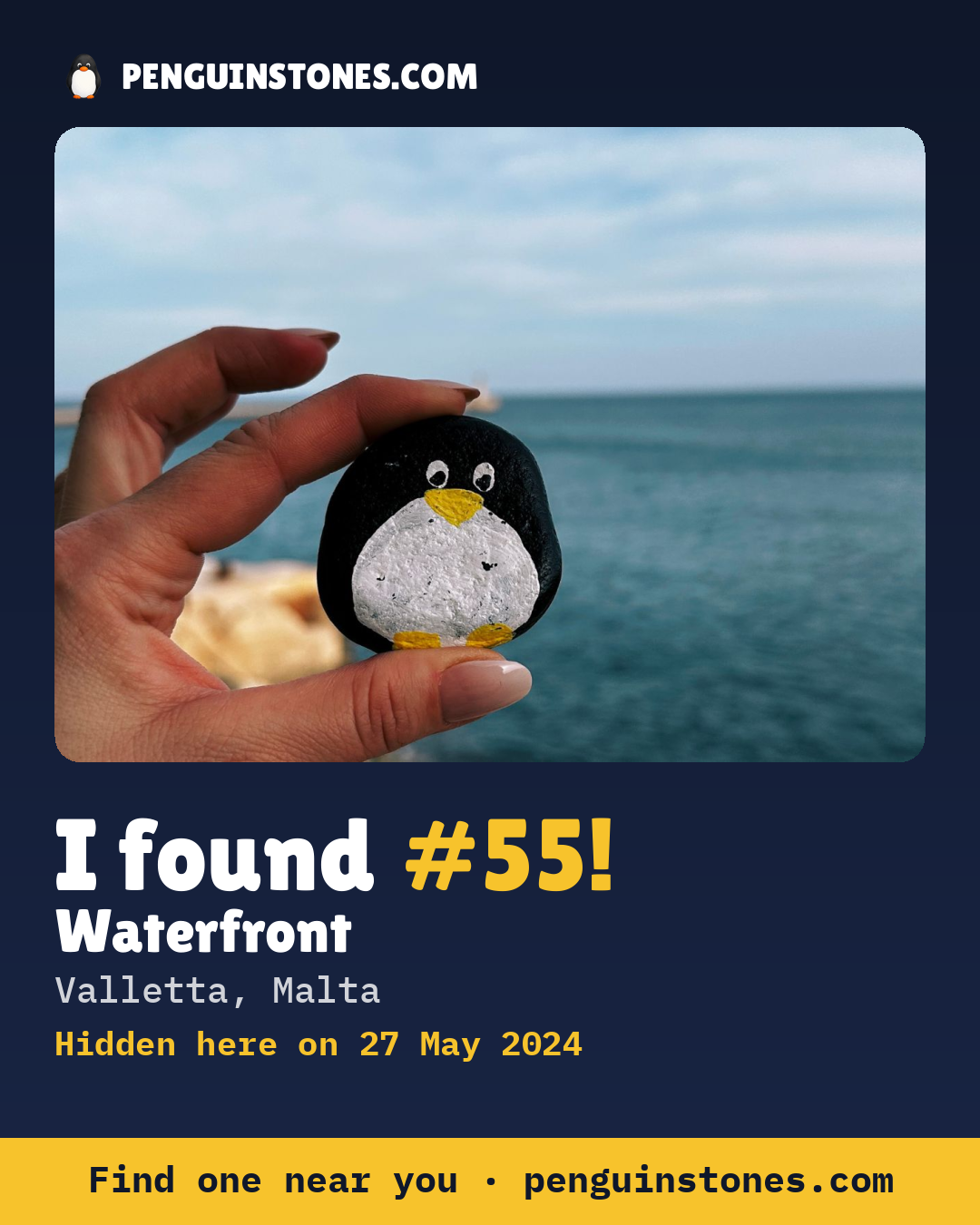 Obrázok s nápisom „I found #55“: fotka kameňa, kde je a ako ďaleko docestoval
