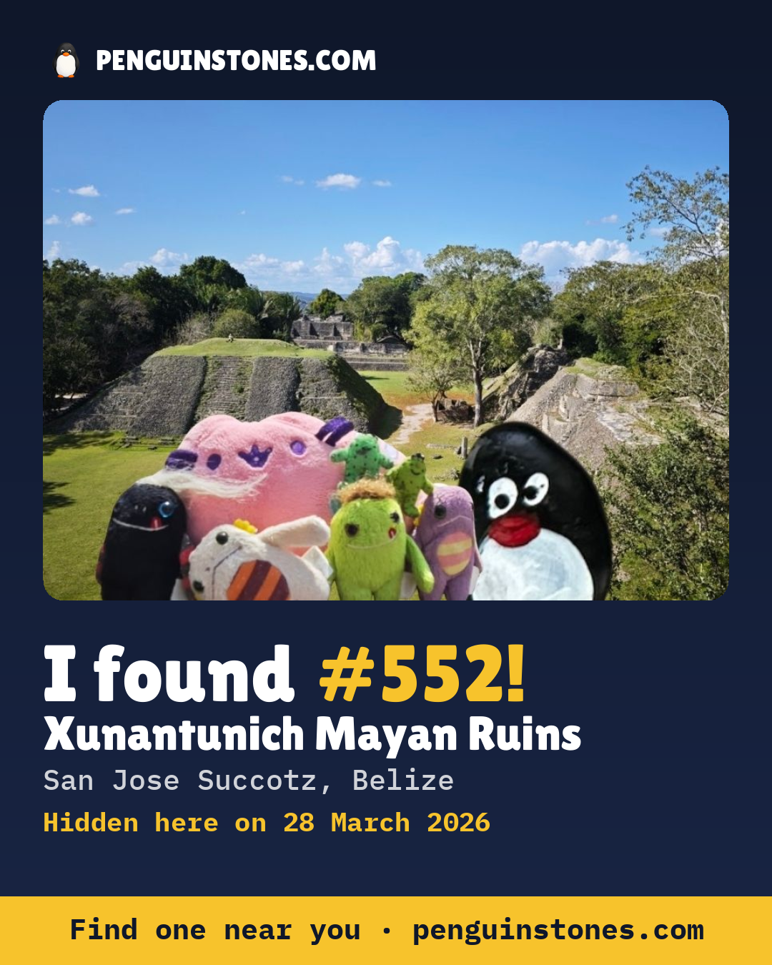 Obrázok s nápisom „I found #552“: fotka kameňa, kde je a ako ďaleko docestoval