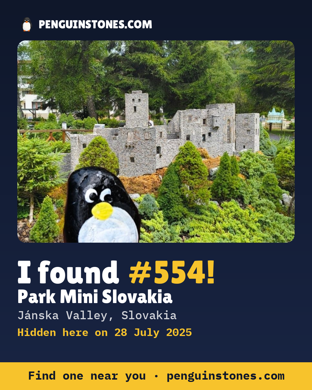 Obrázok s nápisom „I found #554“: fotka kameňa, kde je a ako ďaleko docestoval