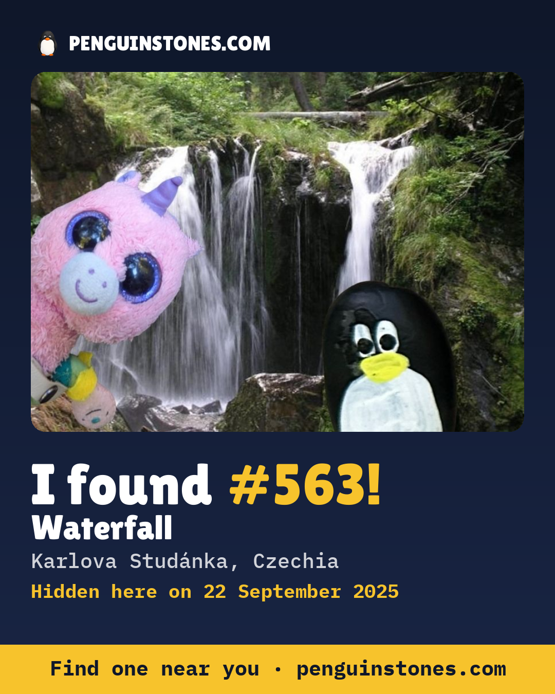 Obrázok s nápisom „I found #563“: fotka kameňa, kde je a ako ďaleko docestoval