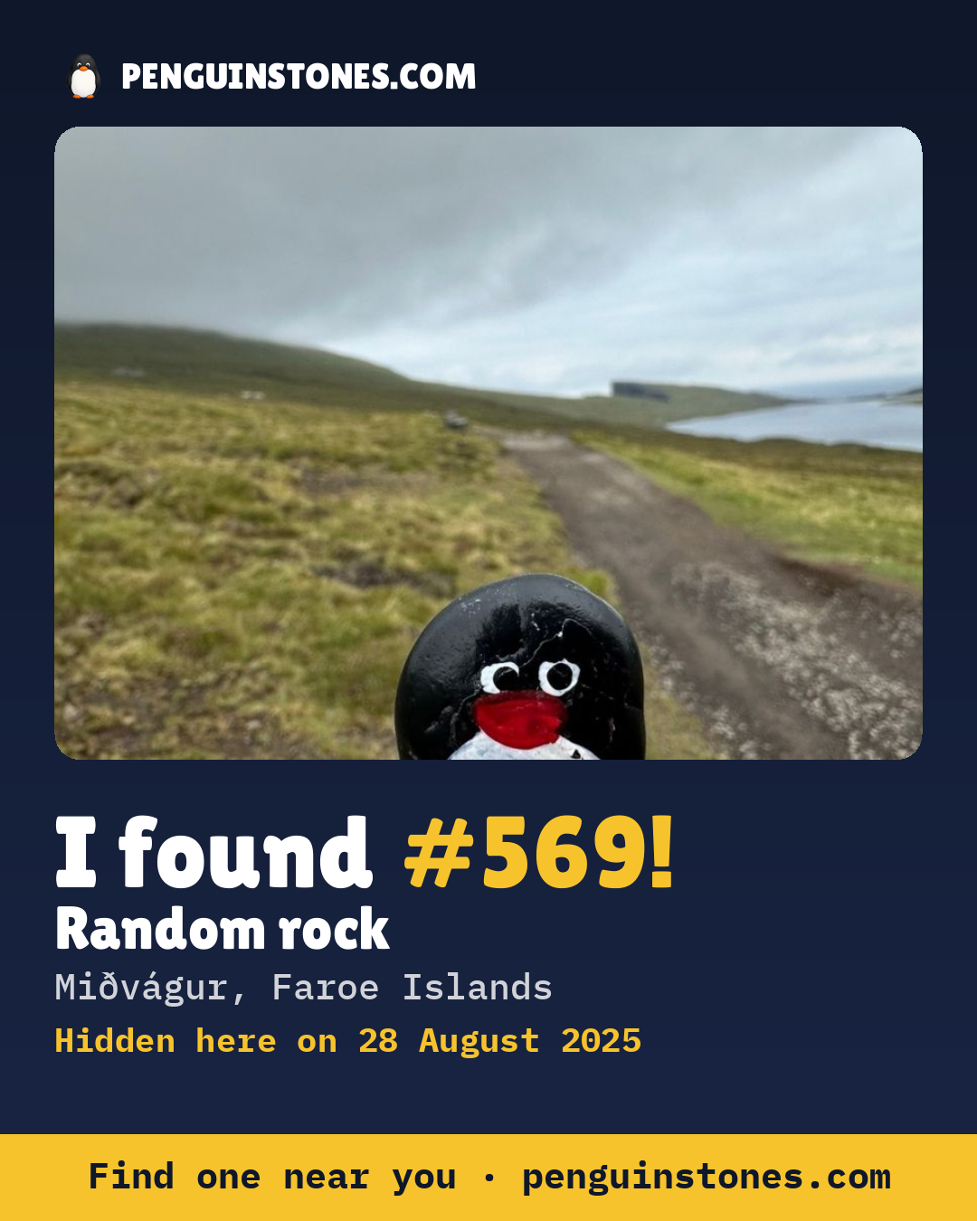 Obrázok s nápisom „I found #569“: fotka kameňa, kde je a ako ďaleko docestoval