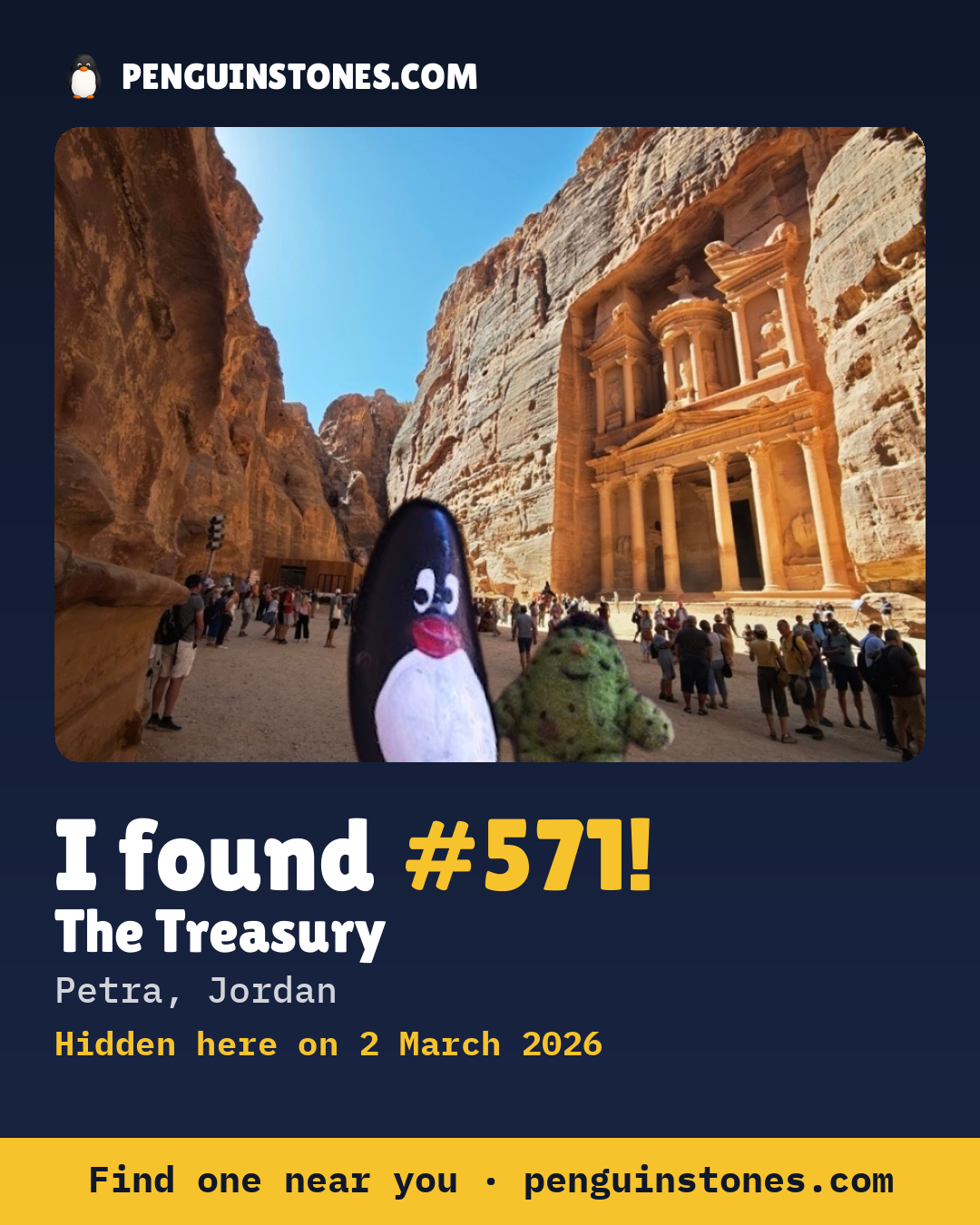 Obrázok s nápisom „I found #571“: fotka kameňa, kde je a ako ďaleko docestoval