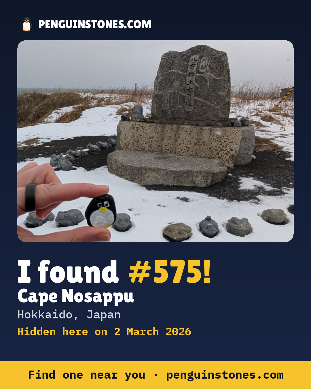 Obrázok s nápisom „I found #575“: fotka kameňa, kde je a ako ďaleko docestoval