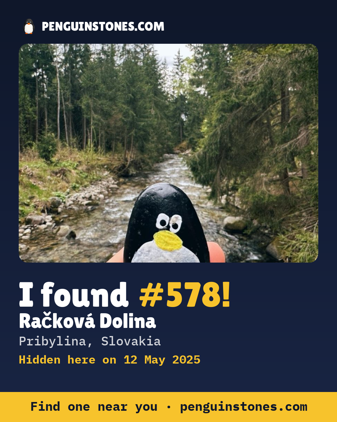 Obrázok s nápisom „I found #578“: fotka kameňa, kde je a ako ďaleko docestoval