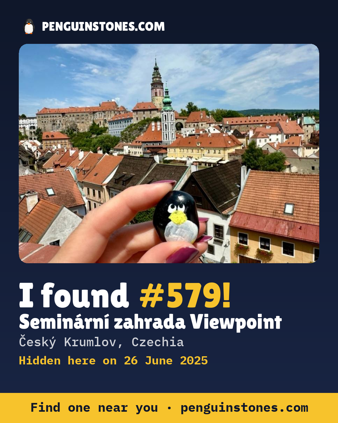 Obrázok s nápisom „I found #579“: fotka kameňa, kde je a ako ďaleko docestoval