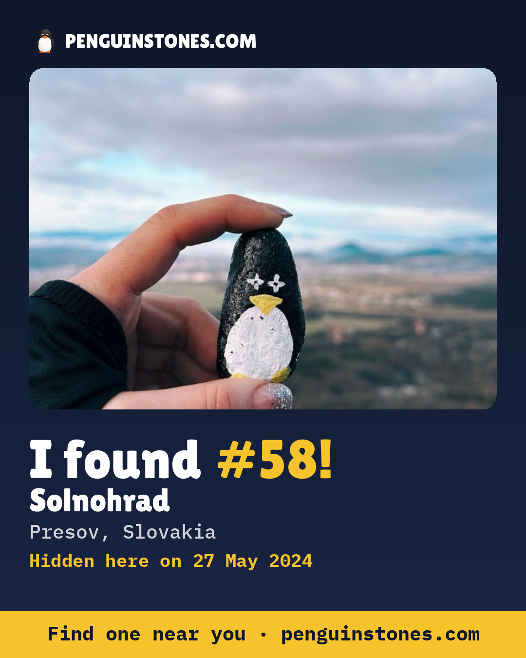 Obrázok s nápisom „I found #58“: fotka kameňa, kde je a ako ďaleko docestoval