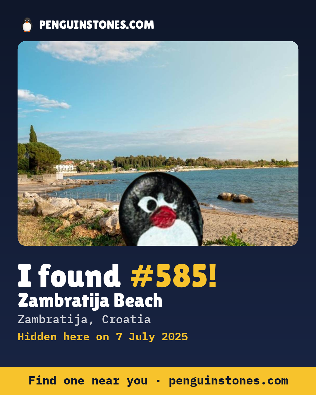 Obrázok s nápisom „I found #585“: fotka kameňa, kde je a ako ďaleko docestoval