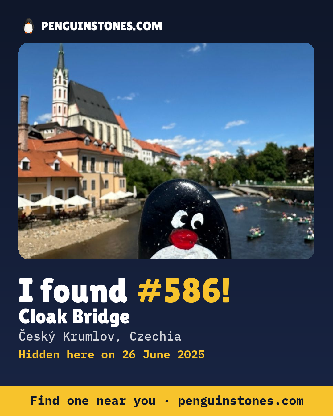 Obrázok s nápisom „I found #586“: fotka kameňa, kde je a ako ďaleko docestoval