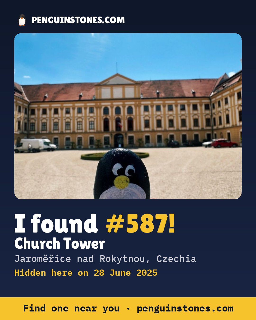Obrázok s nápisom „I found #587“: fotka kameňa, kde je a ako ďaleko docestoval