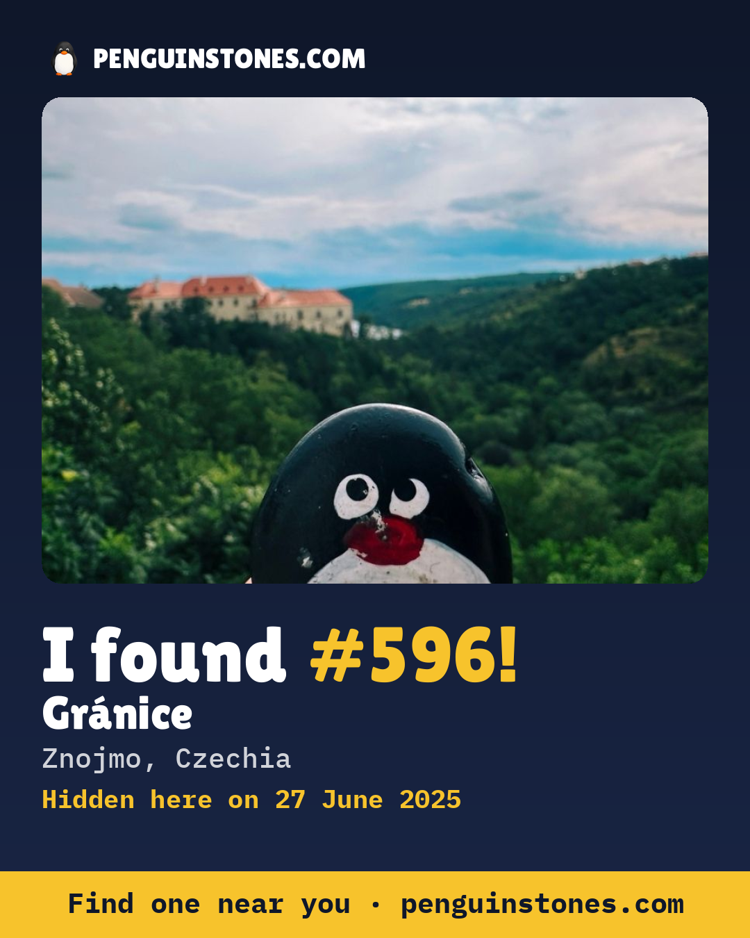 Obrázok s nápisom „I found #596“: fotka kameňa, kde je a ako ďaleko docestoval