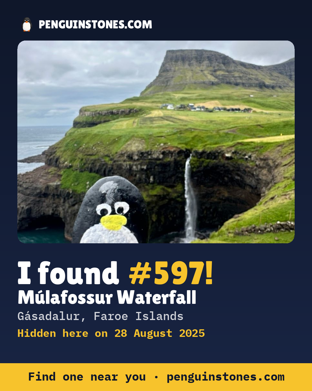 Obrázok s nápisom „I found #597“: fotka kameňa, kde je a ako ďaleko docestoval