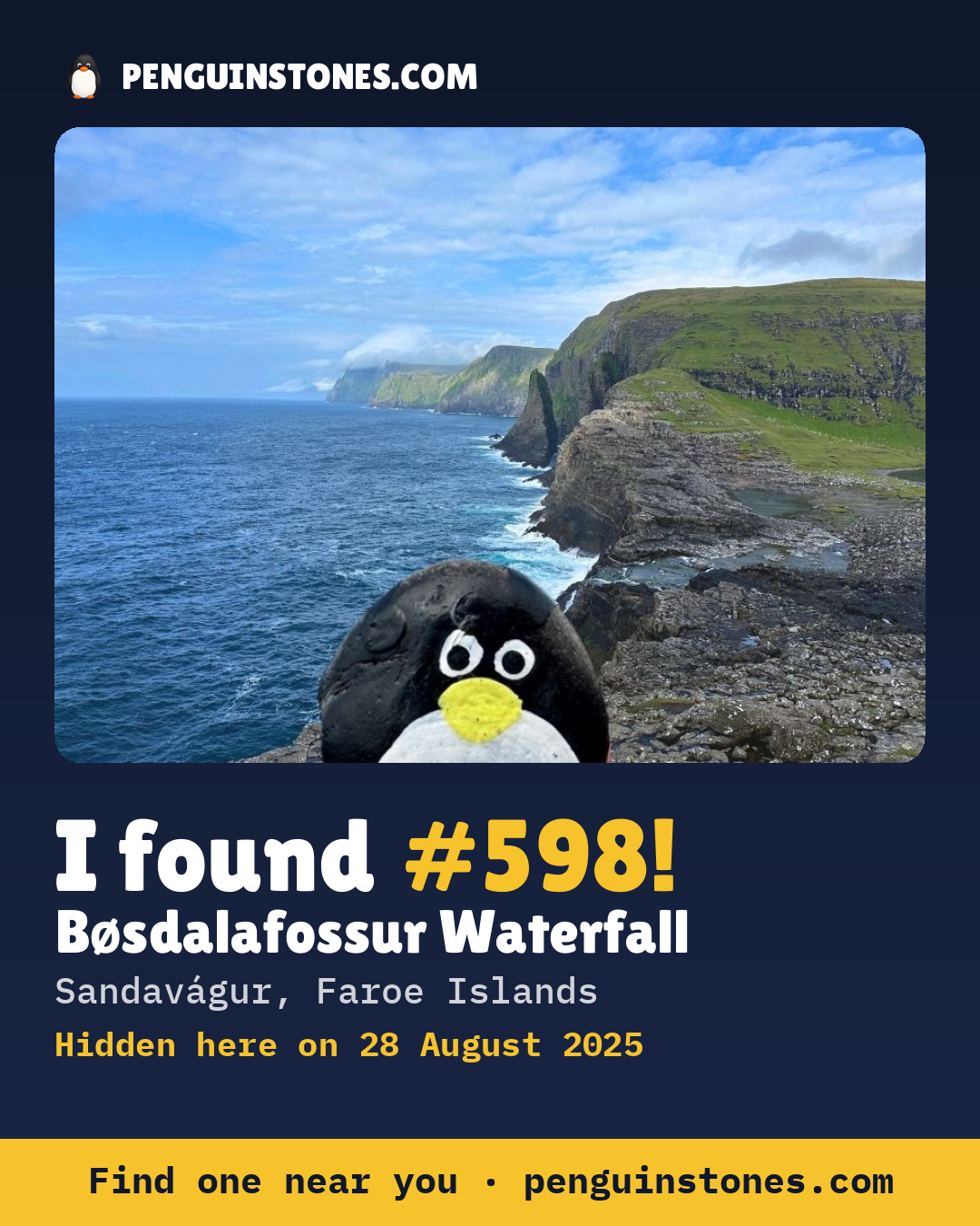 Obrázok s nápisom „I found #598“: fotka kameňa, kde je a ako ďaleko docestoval