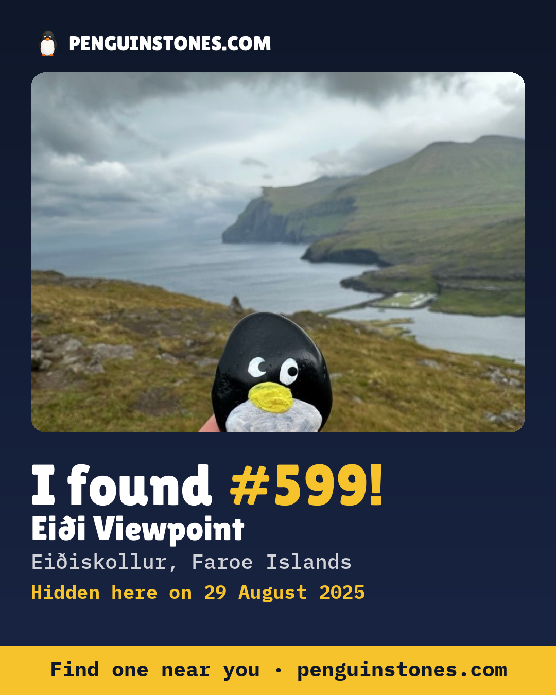 Obrázok s nápisom „I found #599“: fotka kameňa, kde je a ako ďaleko docestoval