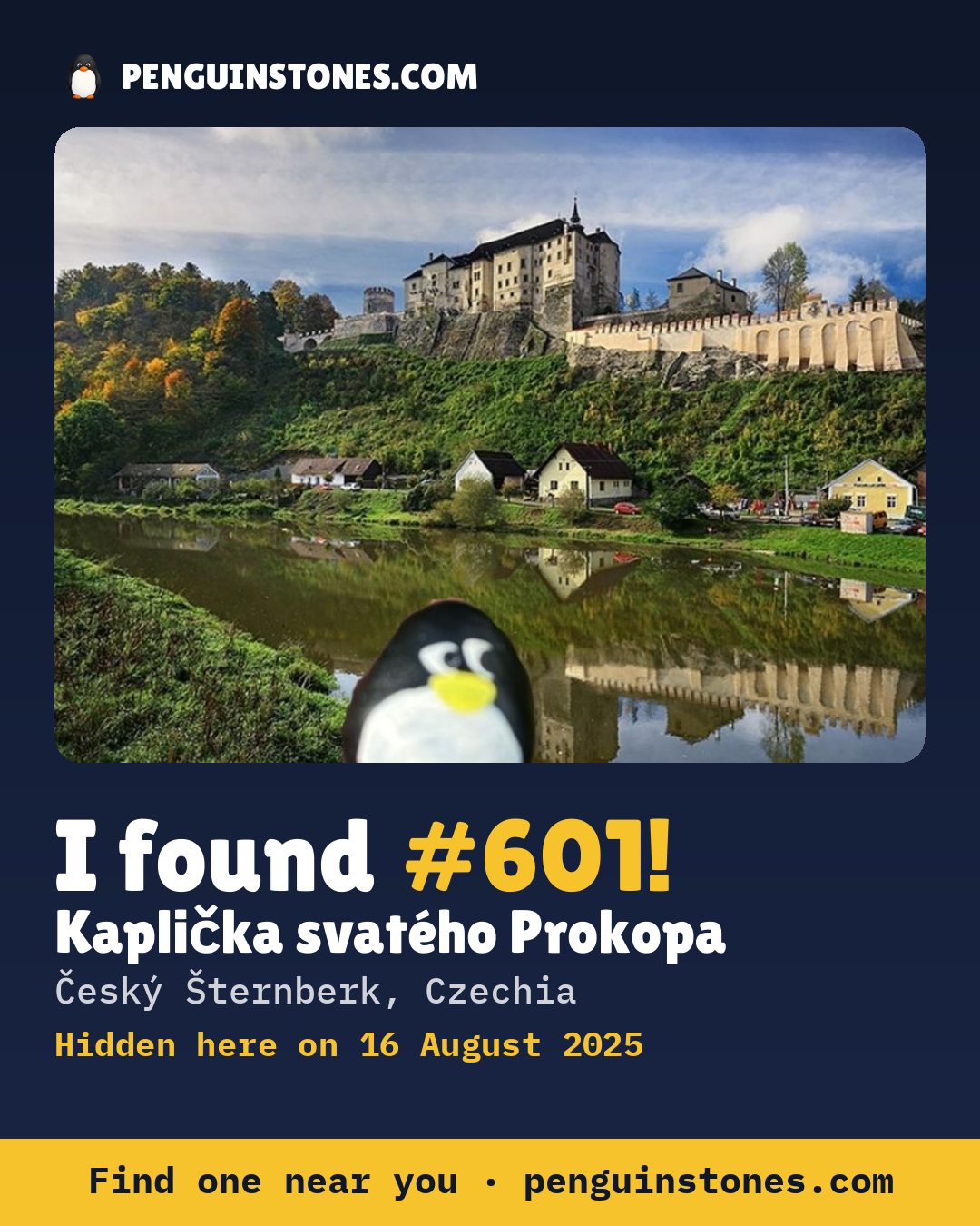 Obrázok s nápisom „I found #601“: fotka kameňa, kde je a ako ďaleko docestoval