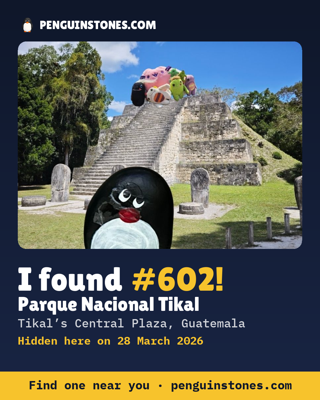 Obrázok s nápisom „I found #602“: fotka kameňa, kde je a ako ďaleko docestoval