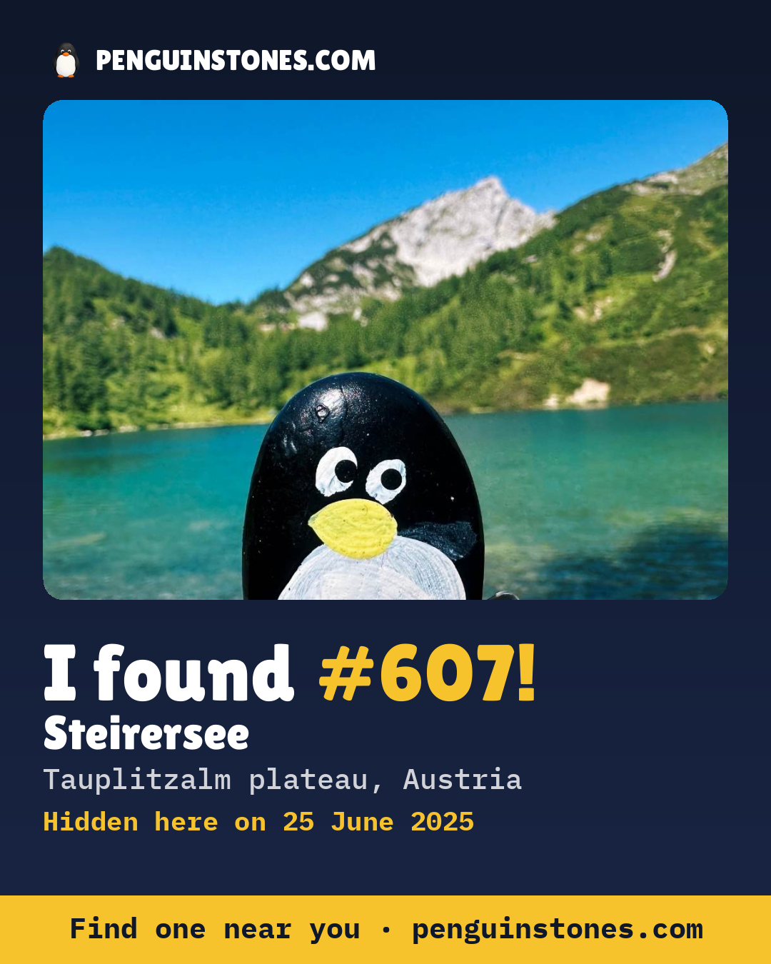 Obrázok s nápisom „I found #607“: fotka kameňa, kde je a ako ďaleko docestoval