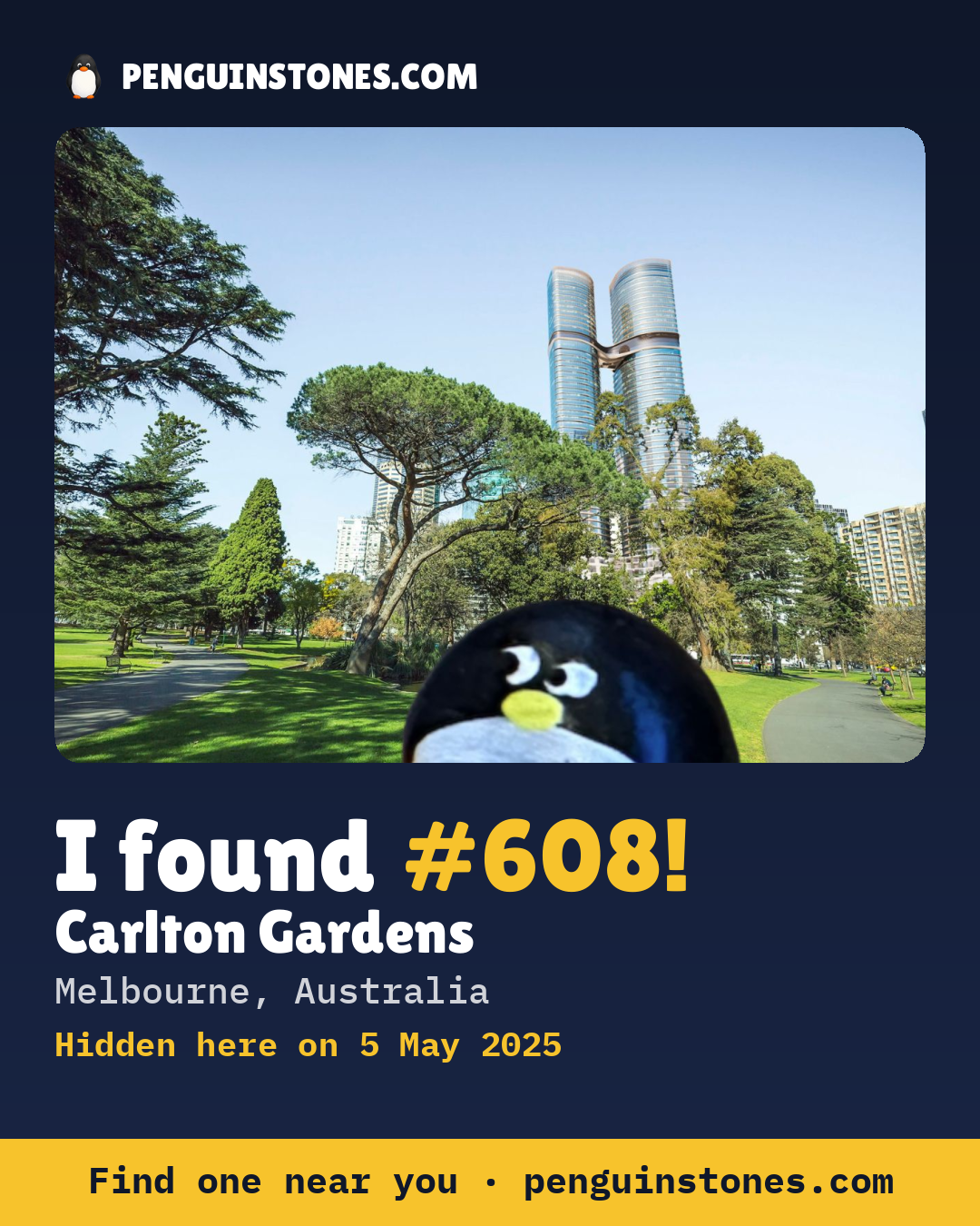 Obrázok s nápisom „I found #608“: fotka kameňa, kde je a ako ďaleko docestoval