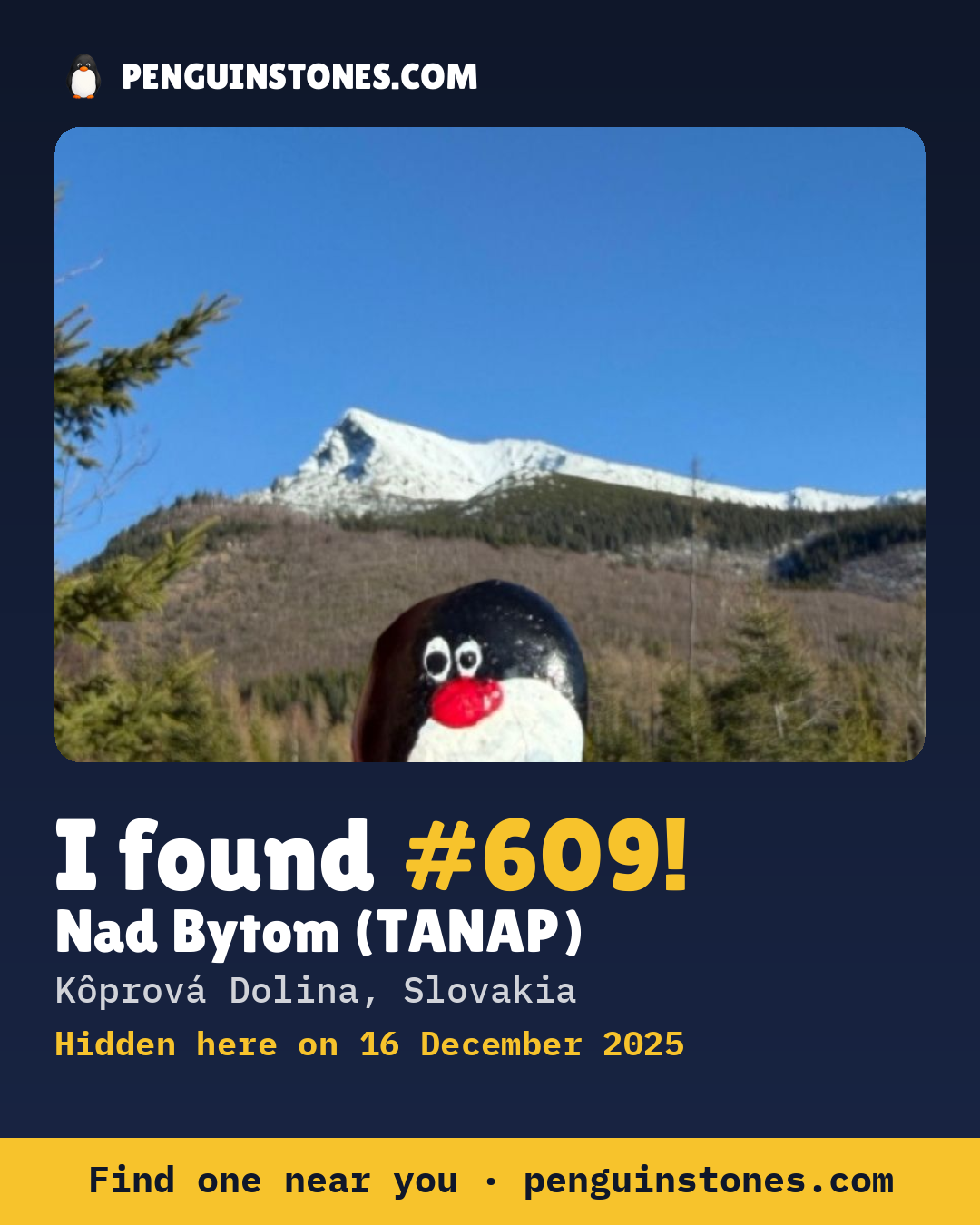 Obrázok s nápisom „I found #609“: fotka kameňa, kde je a ako ďaleko docestoval