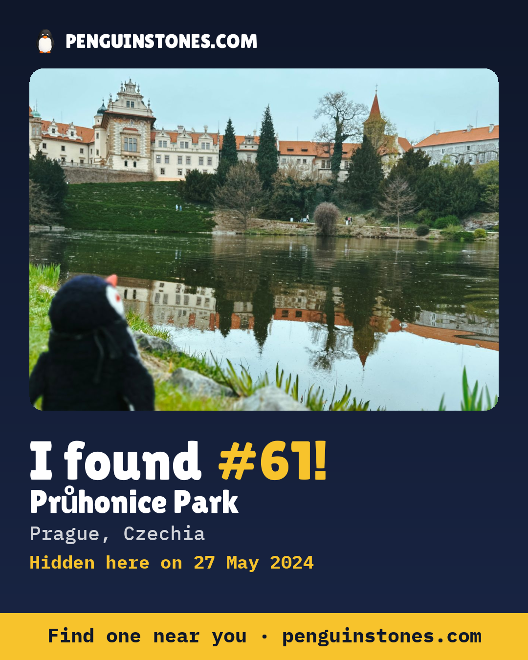 Obrázok s nápisom „I found #61“: fotka kameňa, kde je a ako ďaleko docestoval