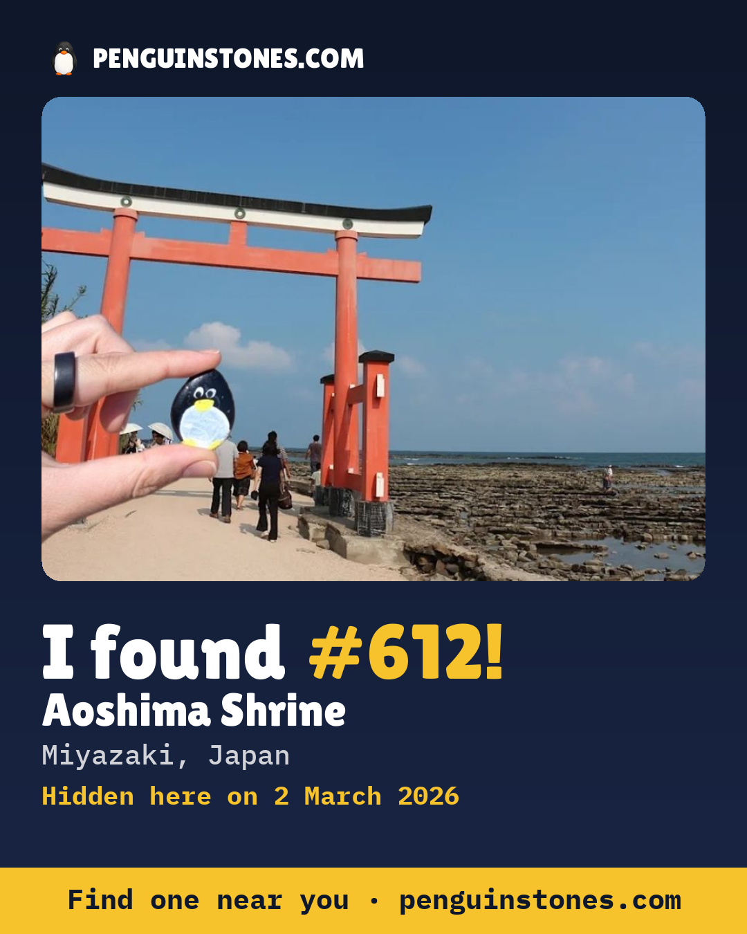 Obrázok s nápisom „I found #612“: fotka kameňa, kde je a ako ďaleko docestoval