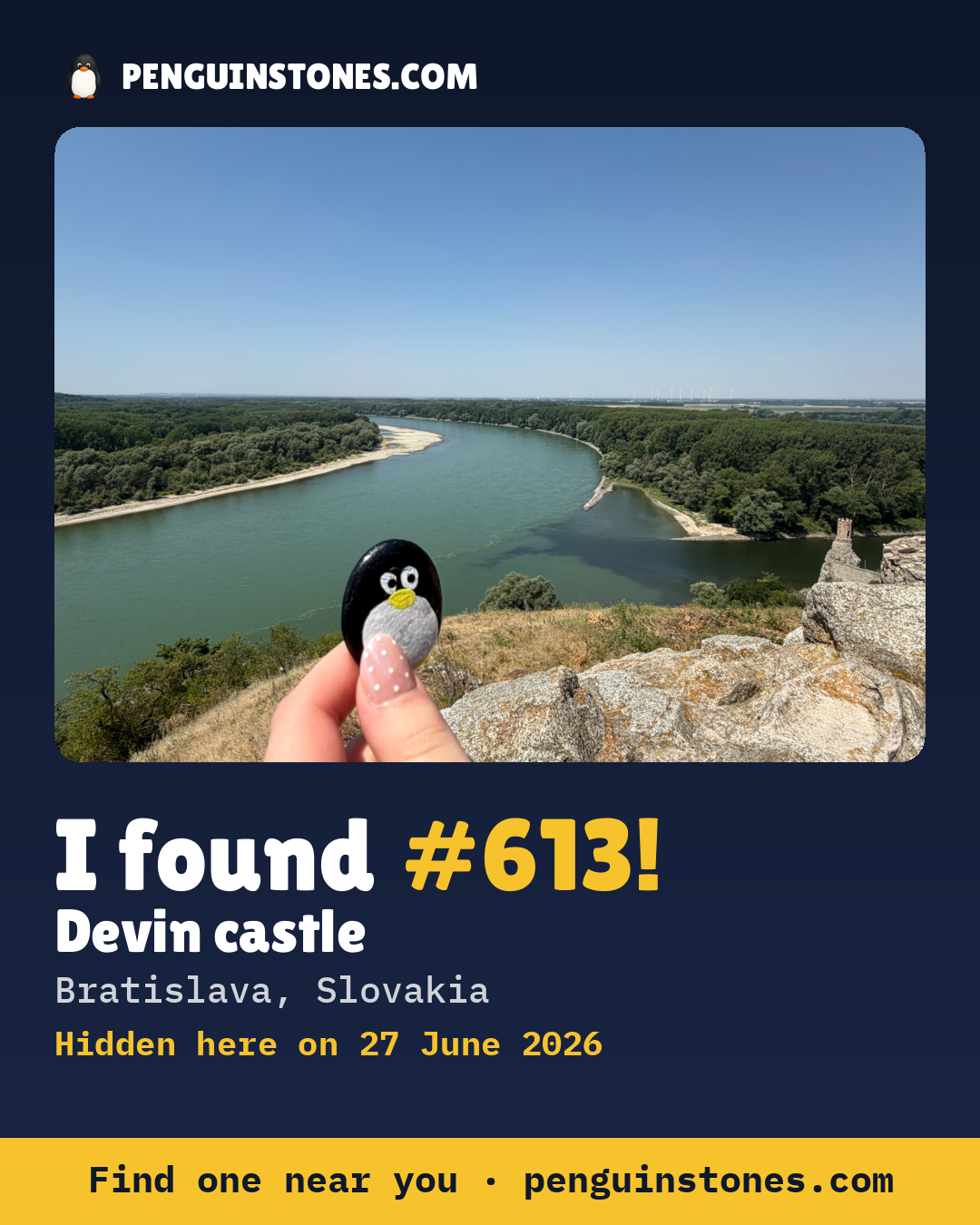 Obrázok s nápisom „I found #613“: fotka kameňa, kde je a ako ďaleko docestoval