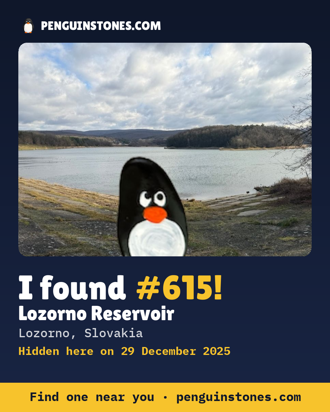 Obrázok s nápisom „I found #615“: fotka kameňa, kde je a ako ďaleko docestoval